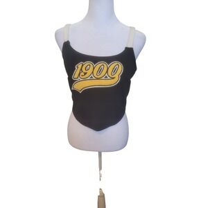 Y2K 1900 Black Cami Crop Top Graphic Print Baby Tee Indie Goth Grunge Large